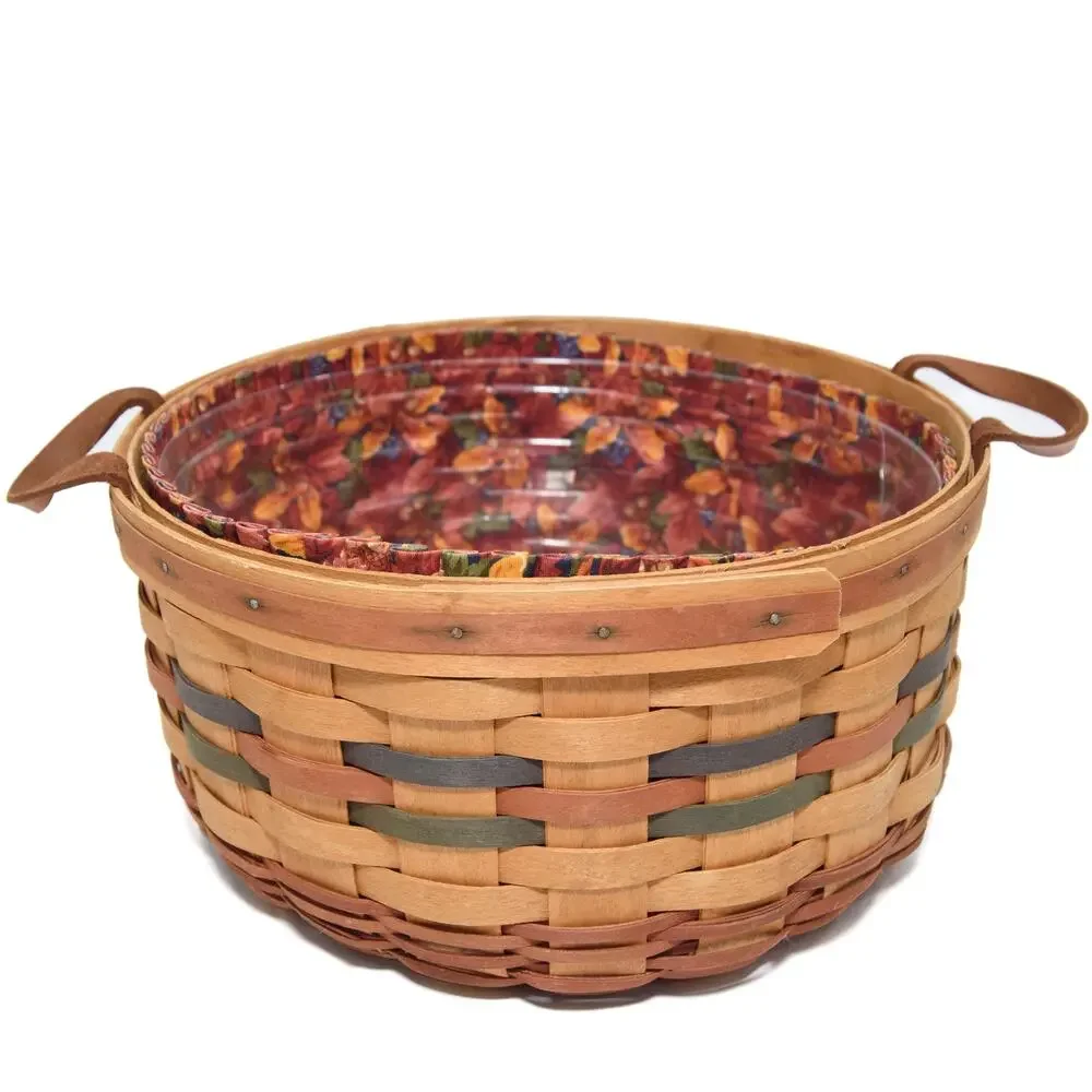 Longaberger 1995 Large Round Harvest Basket Handles Liner & Plastic Protector